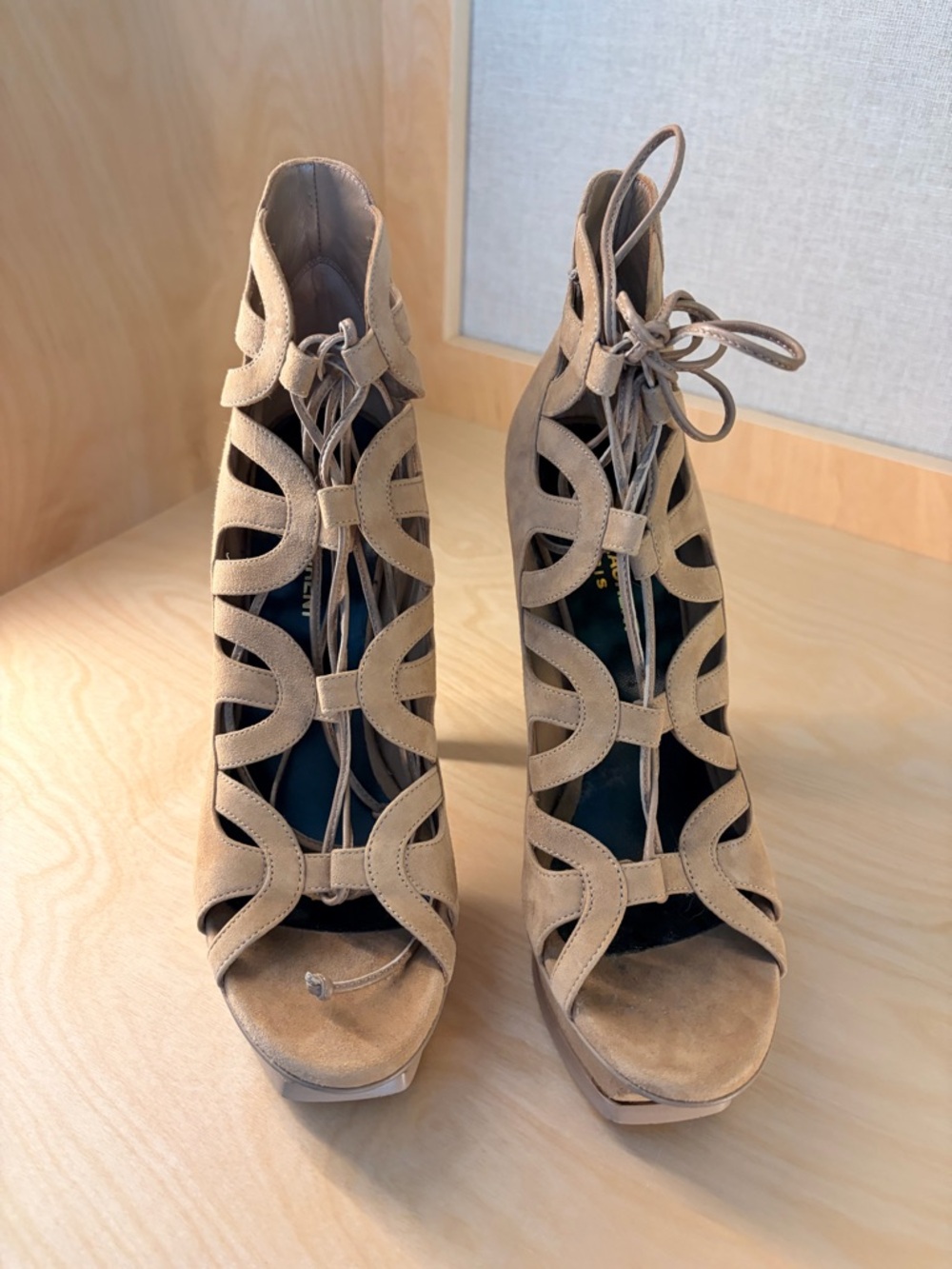 Saint Laurent Taupe Suede Lace-Up Platform Sandals